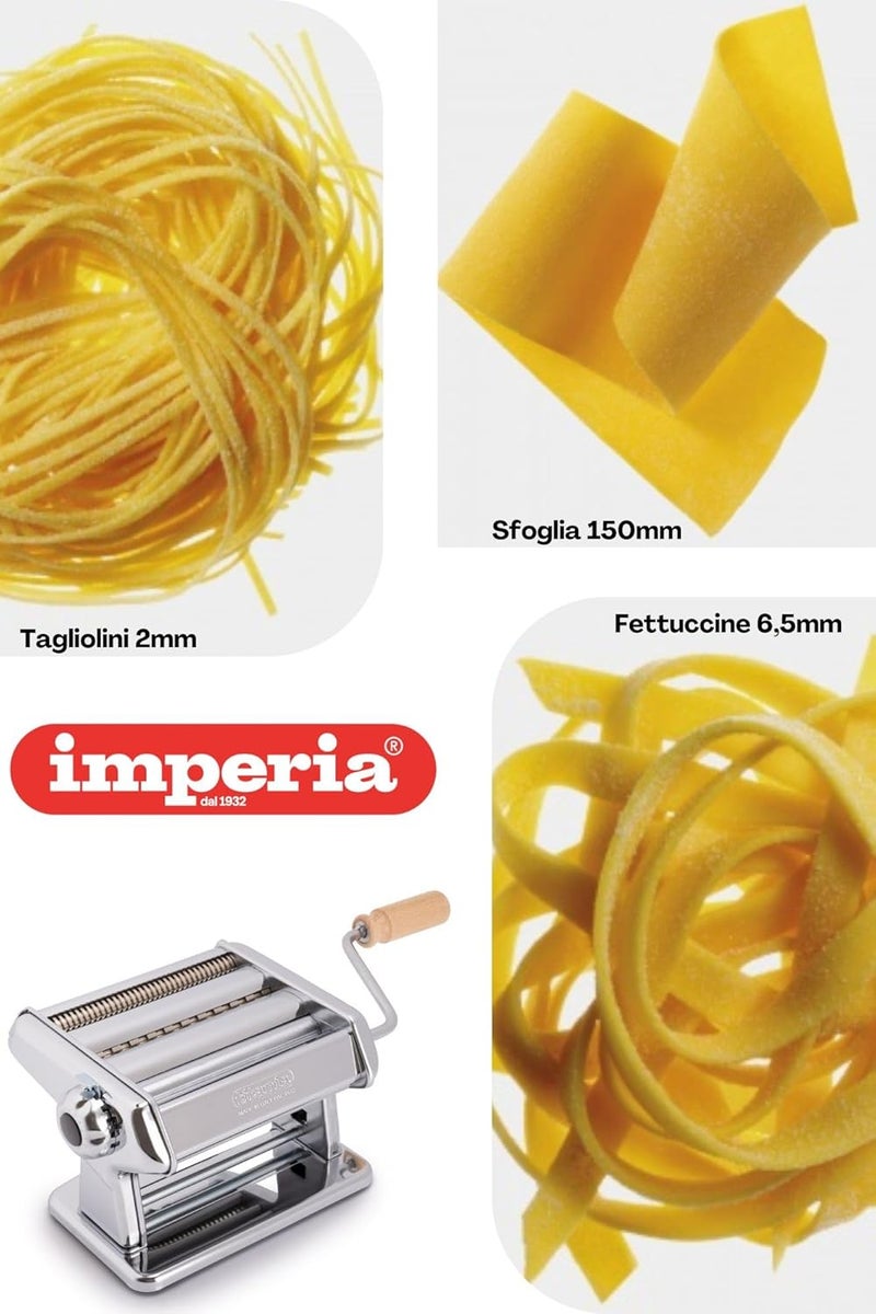 imperia صانع المعكرونة تيتانيا - آلة مصنوعة 100% في إيطاليا - هيكل فولاذي ثقيل، أسطوانة يدوية بمقبض خشبي - قاطع لعمل اللازانيا، الفيتوتشيني والمزيد - اصنع نودلز إيطالية منزلية طازجة - Image 3